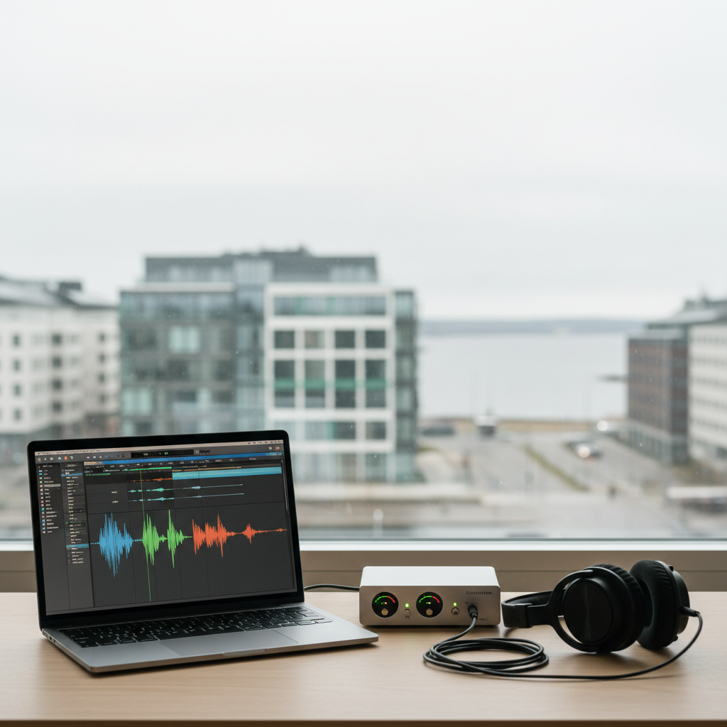 A minimalist home vocal recording setup on a pale oak desk: a slim laptop with an open digital audio workstation showing colorful vocal waveforms, a compact audio interface with glowing level meters, and studio headphones resting neatly beside it. Behind, a large window reveals an out-of-focus Helsinki cityscape with cool-toned buildings and hints of water. Soft overcast daylight floods the scene, creating a clean, even illumination with gentle reflections on the laptop screen. Photographic realism, shot from a slightly elevated angle using the rule of thirds, with a calm, focused atmosphere that conveys modern online vocal lessons and professional remote coaching.