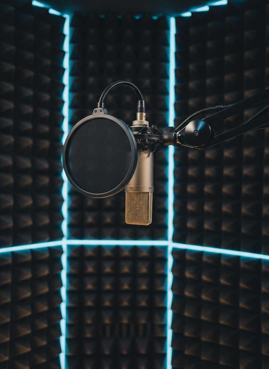 An elegant recording booth interior with dark, finely textured acoustic foam panels forming a geometric pattern, enclosing a high-end studio microphone on an adjustable boom arm and a pop filter hovering perfectly in front. A slim LED strip casts a soft, cool edge light along the foam ridges, while a subtle warm glow from below lights the microphone body, creating a sophisticated color contrast. Photographic realism, captured in close-up with shallow depth of field emphasizing the textures and equipment details. The mood is focused, intimate, and professional, ideal for representing advanced vocal recording, demo creation, and precise voice placement work.