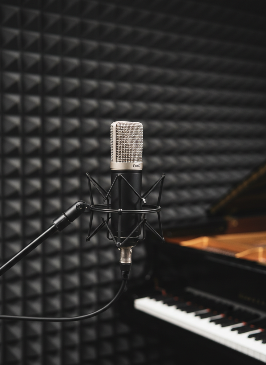 A sleek, concert-quality condenser microphone with a fine metallic mesh grille and matte black body, suspended in a professional shock mount in front of a deep charcoal acoustic panel wall. A glossy, half-open grand piano lid glows softly in the blurred background, suggesting a refined vocal studio. Gentle, diffused studio lighting from the side creates subtle highlights along the microphone’s curves and soft shadows on the acoustic panels. Photographic realism, captured at eye level with a shallow depth of field so the microphone is in crisp focus. The mood is sophisticated, calm, and aspirational, evoking high-end vocal training and professional performance preparation.
