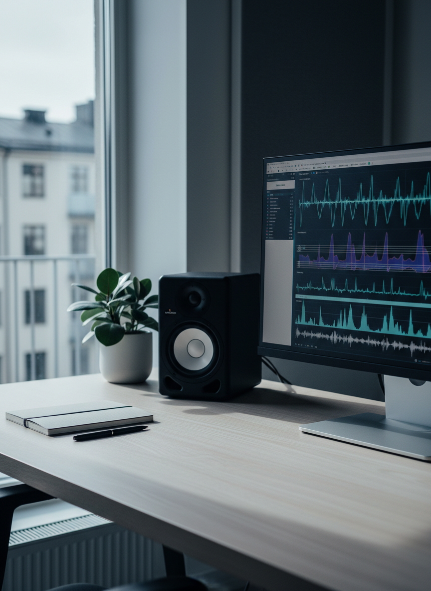 A stylish vocal coach’s desk in a Helsinki studio, featuring a large, slim monitor displaying a clean vocal range chart and spectrogram in cool blues and purples, alongside a high-quality studio monitor speaker and a small potted plant in a matte white pot. The desk surface is smooth light ash wood, with a neatly arranged notebook and pen. Natural northern daylight pours in from a side window, cool and crisp, creating soft, directional light and delicate shadows. Photographic realism, shot from an oblique angle with the monitor on the rule of thirds intersection. The mood is modern, analytical, and reassuring, highlighting the scientific and structured side of vocal technique.