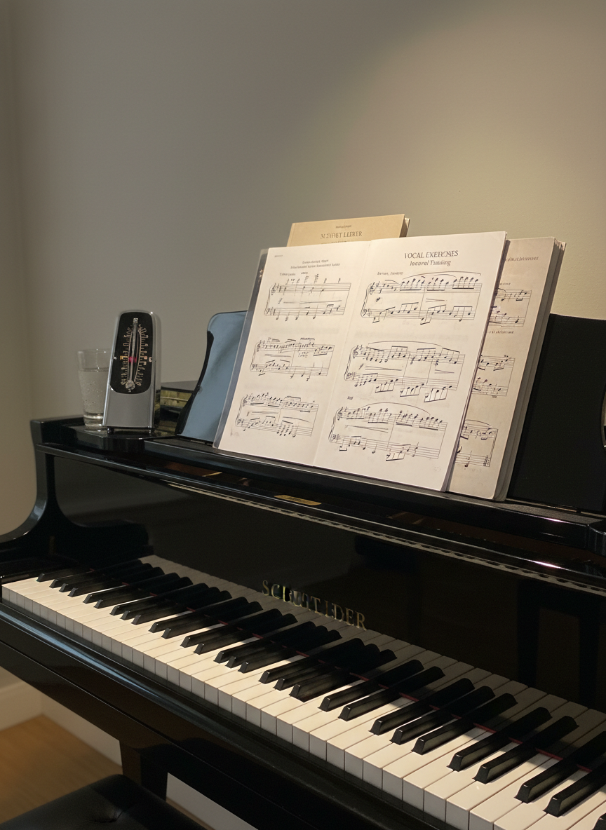 A glossy black upright piano with an open sheet music stand displaying clearly printed vocal exercises and classical repertoire, set against a muted warm-gray wall. On top of the piano sits a slim metronome and a glass of water catching tiny highlights. Soft, warm spotlighting from above creates a gentle pool of light across the keys, while the rest of the room fades into a tasteful blur. Photographic realism, eye-level composition with moderate depth of field to keep the piano and sheet music sharp. The atmosphere is disciplined yet inviting, suggesting serious vocal technique training and daily practice habits.