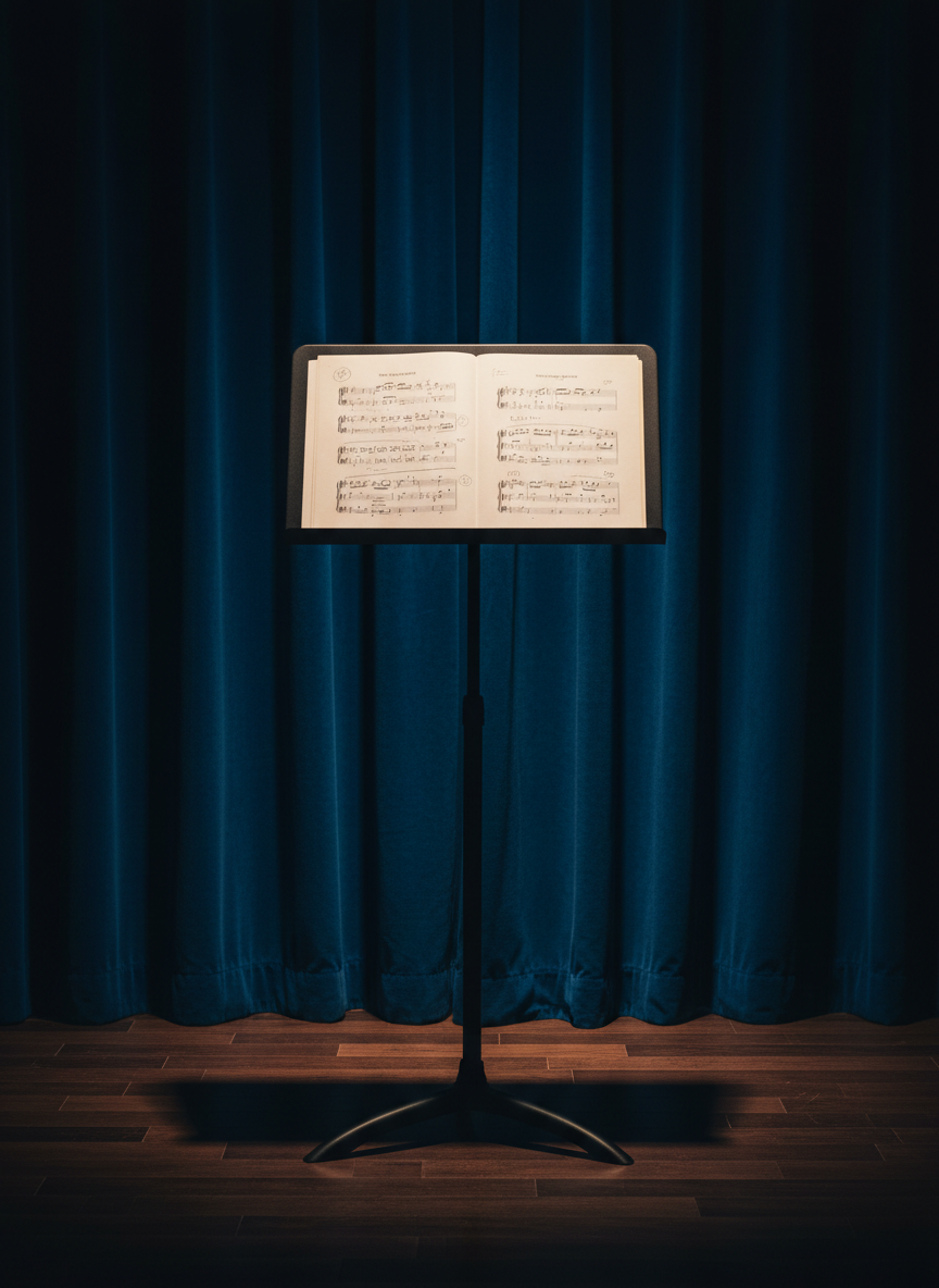A refined rehearsal space corner featuring a matte black music stand holding neatly arranged lyric sheets annotated with subtle pencil markings, positioned in front of a floor-to-ceiling deep blue velvet curtain that absorbs light. A polished wooden floor reflects a faint sheen from a single warm overhead spotlight, which gently illuminates the pages and creates elegant shadows in the curtain folds. Photographic realism, captured from a slightly low angle to give the stand presence, with a shallow depth of field so the text edges soften into the background. The mood is intimate and theatrical, evoking stage confidence building and performance preparation.